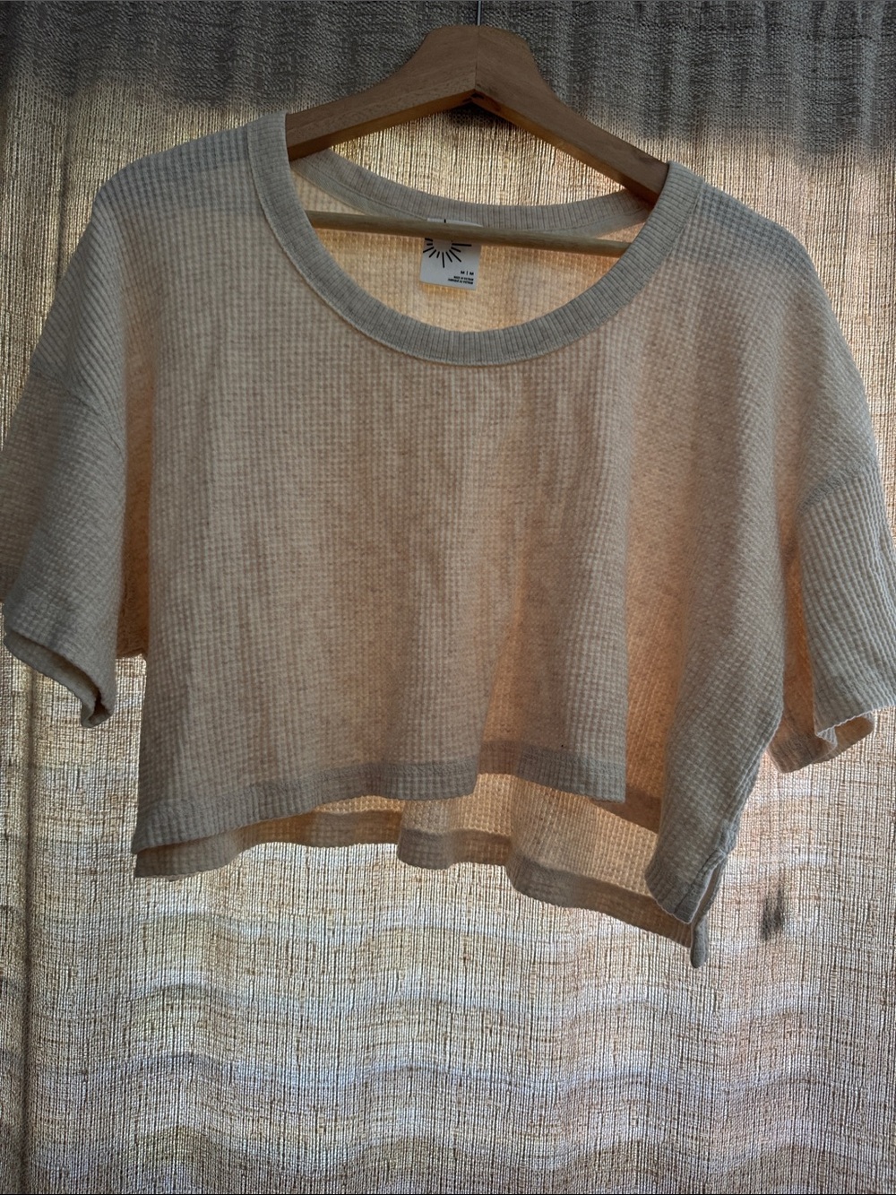 Cropped Waffle-Knit Tee in Light Beige